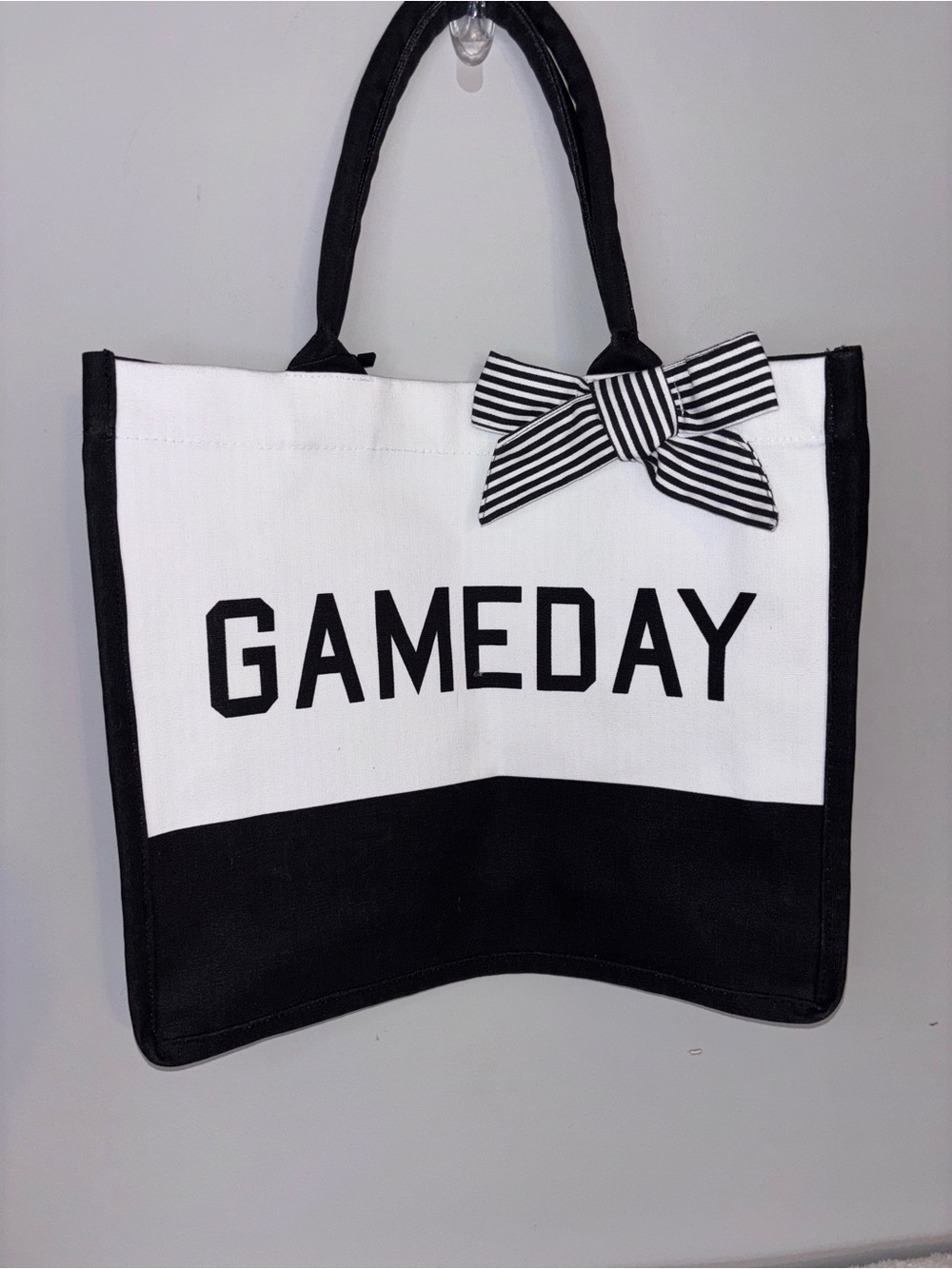 NWT! Game Day" canvas tote bag bold black-and-white colorblock striped bow